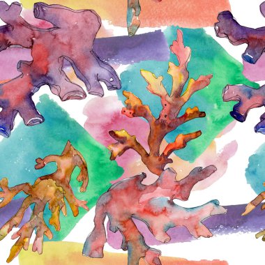 Kırmızı ve sarı su sualtı doğa mercan kayalığı. Suluboya resim kümesi. Sorunsuz arka plan deseni.