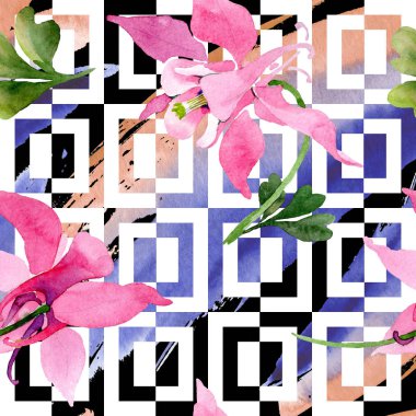 Kırmızı aquilegia botanik çiçek. Suluboya arka plan illüstrasyon küme. Sorunsuz arka plan deseni.