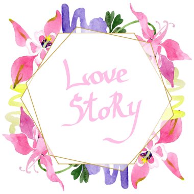 Kırmızı aquilegia botanik çiçek. Suluboya arka plan illüstrasyon küme. Çerçeve kenarlığı kristal süsleme Meydanı.