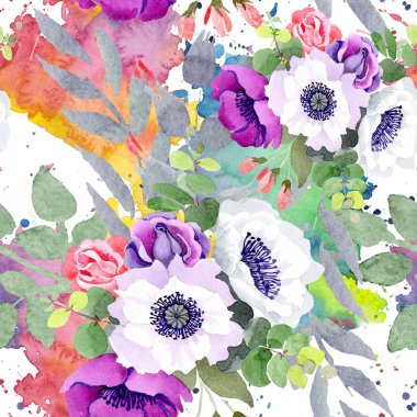 Mor gül buket çiçek botanik çiçekler. Suluboya arka plan illüstrasyon küme. Sorunsuz arka plan deseni.