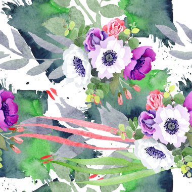 Mor gül buket çiçek botanik çiçekler. Suluboya arka plan illüstrasyon küme. Sorunsuz arka plan deseni.