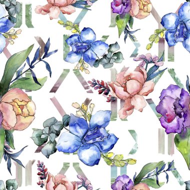 Şakayık buketleri botanik çiçek. Suluboya arka plan illüstrasyon küme. Sorunsuz arka plan deseni.