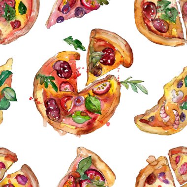 Fast food itallian pizza izole bir suluboya tarzında ayarlayın. Suluboya sorunsuz arka plan deseni.