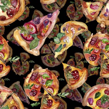 Fast food itallian pizza izole bir suluboya tarzında ayarlayın. Suluboya sorunsuz arka plan deseni.