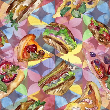 Fast food itallian pizza izole bir suluboya tarzında ayarlayın. Suluboya sorunsuz arka plan deseni.