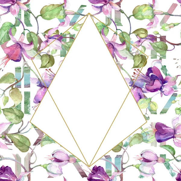 Ramo de fucsia púrpura. Flor botánica floral. Conjunto de ilustración de fondo acuarela. Marco borde ornamento cuadrado . — Foto de Stock