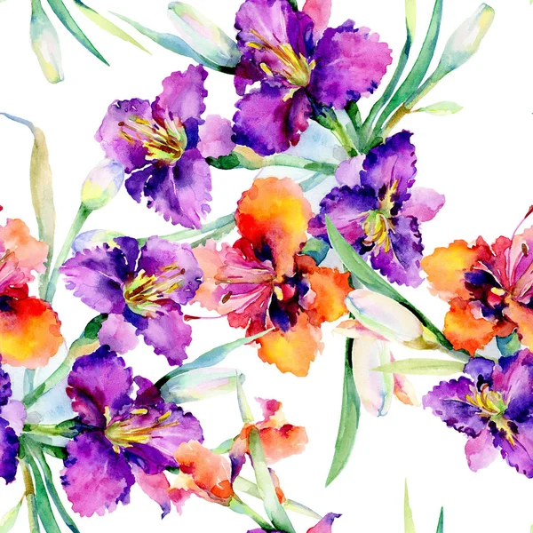Mazzo di fiori botanici floreali viola giglio. Acquerello sfondo illustrazione set. Modello di sfondo senza soluzione di continuità . — Foto Stock