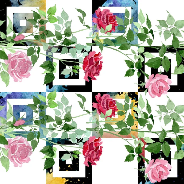 Rosa e vermelho arbusto rosas flores botânicas. Conjunto de ilustração de fundo aquarela. Padrão de fundo sem costura . — Fotografia de Stock