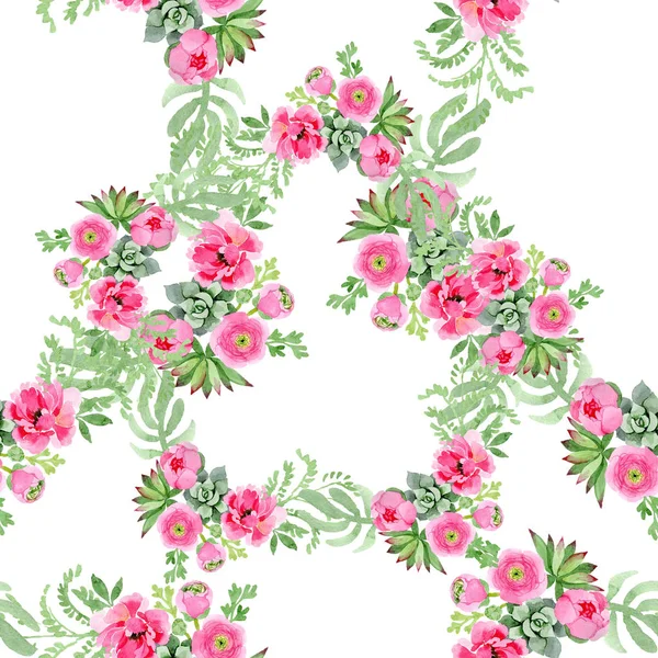 미나리 아재 비 꽃 식물 꽃 핑크. 수채화 배경 그림 설정 합니다. 원활한 배경 패턴. — 스톡 사진
