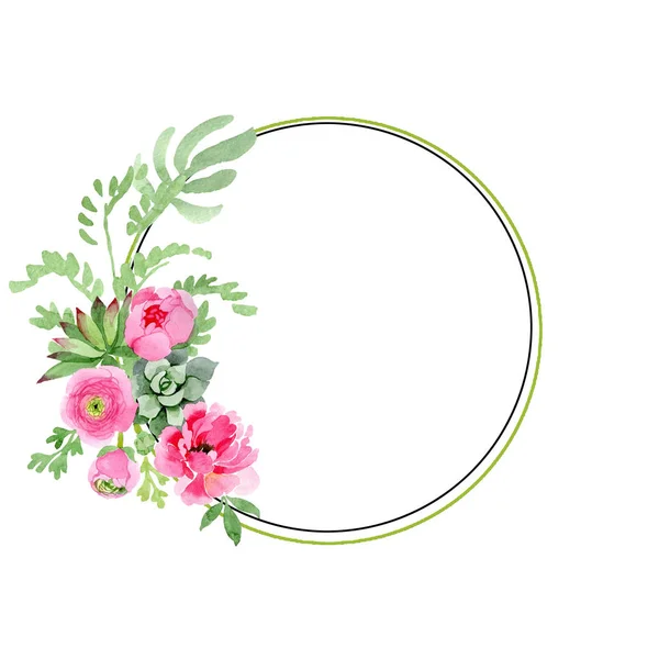 Rosa ranuncolo fiori botanici floreali. Acquerello sfondo illustrazione set. Quadrato ornamento bordo cornice . — Foto Stock