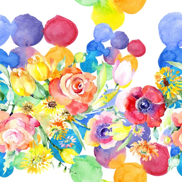 Yellow and red floral botanical flowers bouquet. Watercolor background illustration set. Seamless background pattern. — Stock Photo, Image