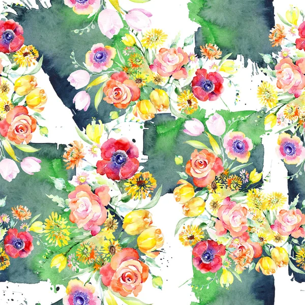 Gele en rode bloemen botanische bloemen boeket. Aquarel achtergrond afbeelding instellen. Naadloze achtergrondpatroon. — Stockfoto