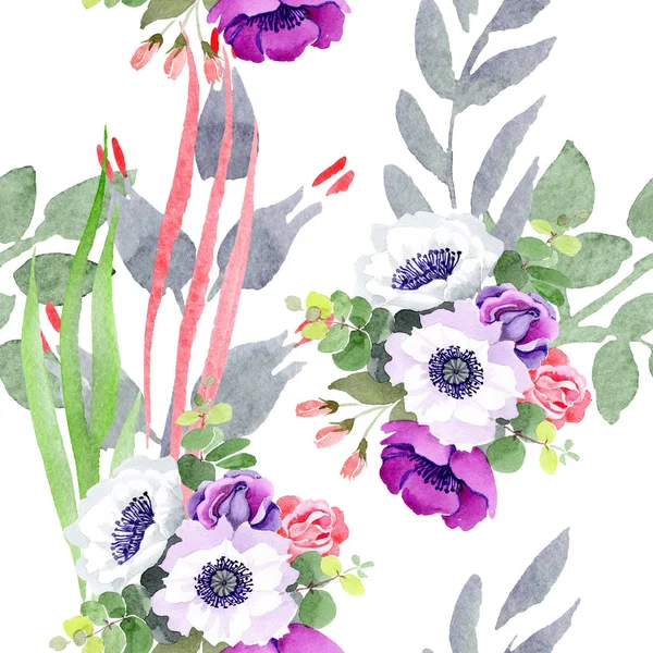 보라색 장미 꽃다발 꽃 식물 꽃입니다. 수채화 배경 그림 설정 합니다. 원활한 배경 패턴. — 스톡 사진