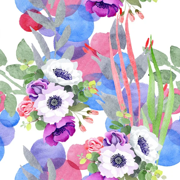 Lila Rose Blumenstrauß botanische Blumen. Aquarell Hintergrundillustration Set. nahtloses Hintergrundmuster. — Stockfoto