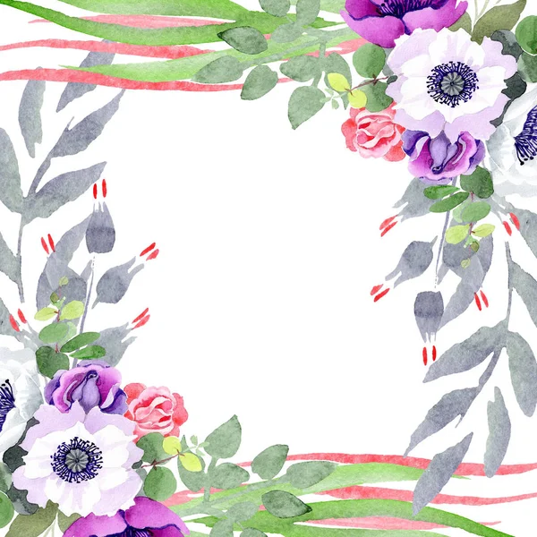 Paarse roos boeket bloemen botanische bloemen. Aquarel achtergrond afbeelding instellen. Frame grens ornament vierkant. — Stockfoto