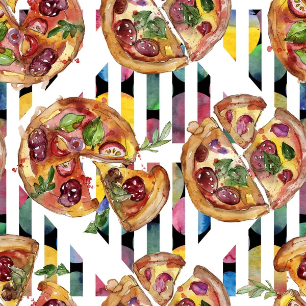 Fast Food italienische Pizza in einem Aquarell-Stil isoliert Set. Aquarell nahtloses Hintergrundmuster. — Stockfoto