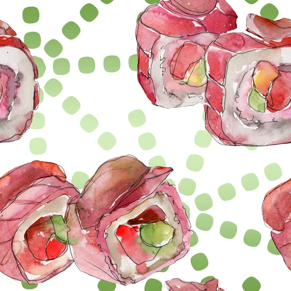 水彩寿司套, 美丽美味的日本美食插画。无缝的背景模式. — 图库照片