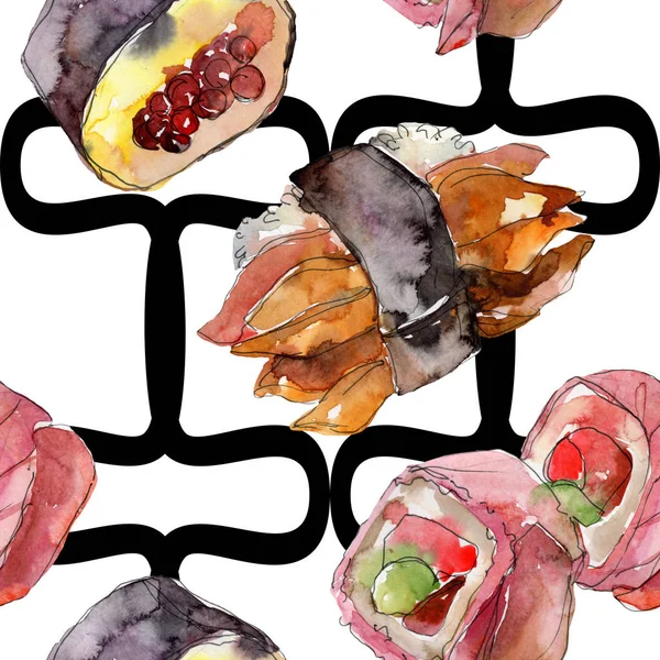 Güzel lezzetli Japon yemekleri illüstrasyon suluboya suşi kümesi. Sorunsuz arka plan deseni. — Stok fotoğraf