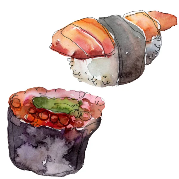Akvarell sushi készlet illusztráció szép finom japán ételeket. Kézzel rajzolt objektumok elszigetelt fehér background. — Stock Fotó