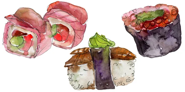 Ensemble de sushis aquarelle de belle illustration de nourriture japonaise savoureuse. Objets dessinés à la main isolés sur fond blanc . — Photo