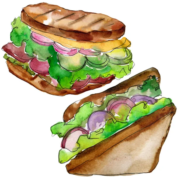 Sandwich en un conjunto aislado estilo acuarela. Acuarela elemento de ilustración de comida rápida sobre fondo blanco . — Foto de Stock