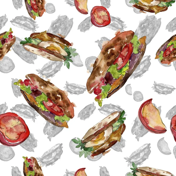 Sandwich in a watercolor style. Watercolour fast food illustration element. Seamless background pattern. — Stock Photo, Image