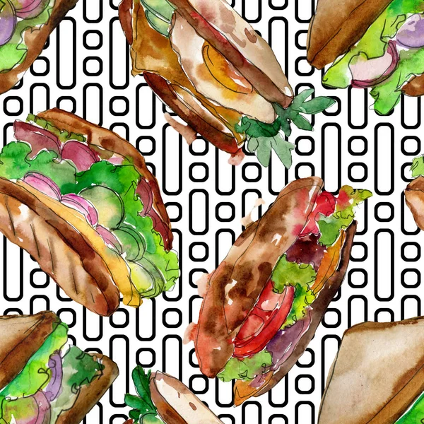 Sandwich in stile acquerello. Elemento illustrativo di fast food ad acquerello. Modello di sfondo senza soluzione di continuità . — Foto Stock