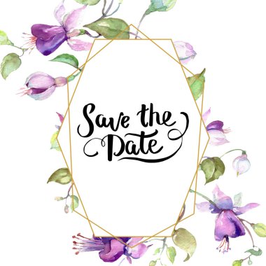 Mor fuşya buket. Botanik çiçek. Suluboya arka plan illüstrasyon küme. Çerçeve kenarlığı süsleme Meydanı.