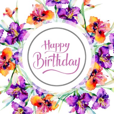 Mor daylily buket çiçek botanik çiçekler. Suluboya arka plan illüstrasyon küme. Çerçeve kenarlığı süsleme Meydanı.