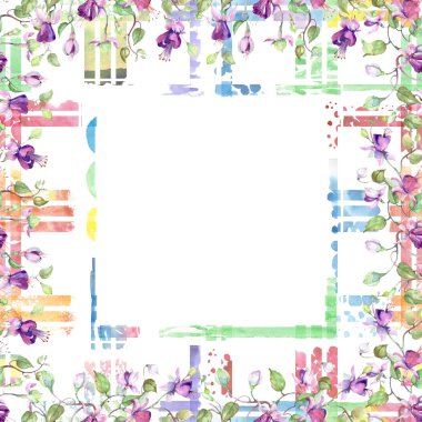 Mor fuşya buket. Botanik çiçek. Suluboya arka plan illüstrasyon küme. Çerçeve kenarlığı süsleme Meydanı.