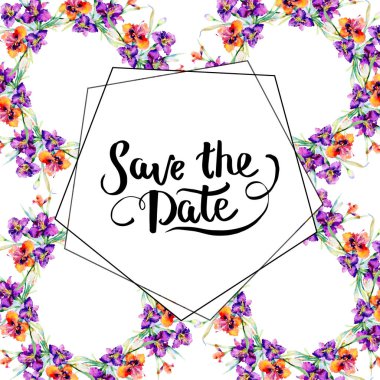 Mor daylily buket çiçek botanik çiçekler. Suluboya arka plan illüstrasyon küme. Çerçeve kenarlığı süsleme Meydanı.