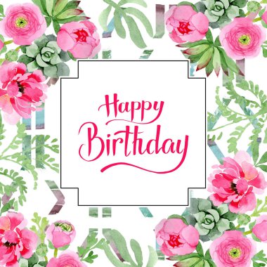 Pembe Düğünçiçeği çiçek botanik çiçekler. Suluboya arka plan illüstrasyon küme. Çerçeve kenarlığı süsleme Meydanı.