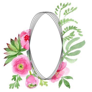 Pembe Düğünçiçeği çiçek botanik çiçekler. Suluboya arka plan illüstrasyon küme. Çerçeve kenarlığı süsleme Meydanı.