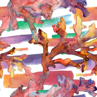 Kırmızı ve sarı su sualtı doğa mercan kayalığı. Suluboya resim kümesi. Sorunsuz arka plan deseni.