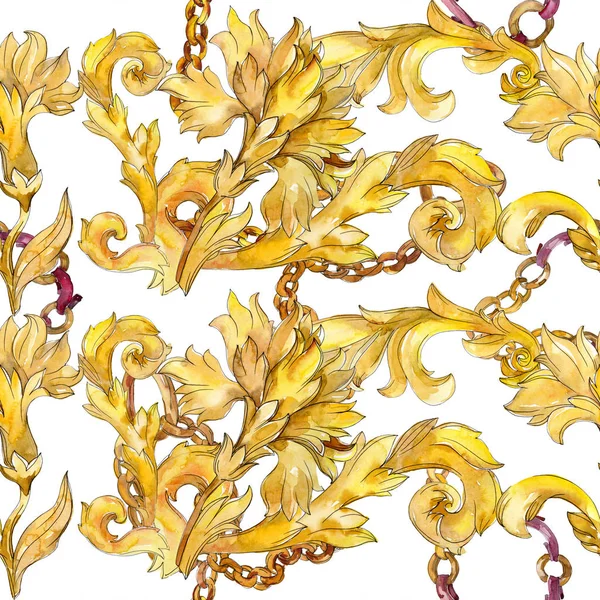Χρυσό μονόγραμμα floral στολίδι. Ακουαρέλα φόντο εικόνα σύνολο. Απρόσκοπτη υπόβαθρο μοτίβο. — Φωτογραφία Αρχείου