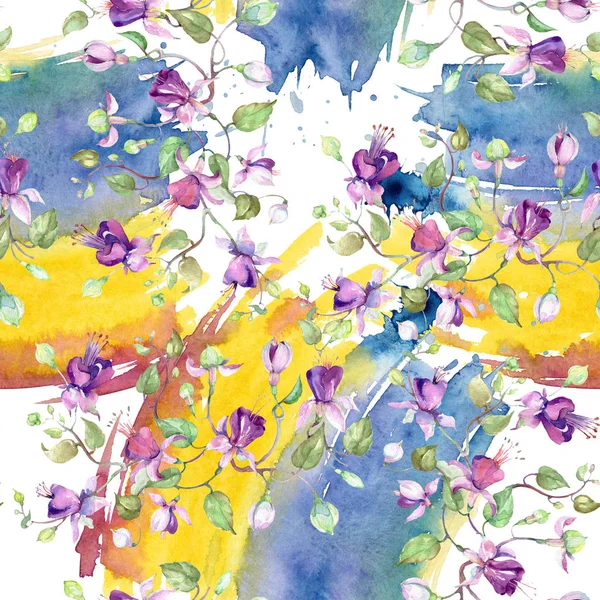 Ramo de fucsia púrpura. Flor botánica floral. Conjunto de ilustración de fondo acuarela. Patrón de fondo sin costuras . — Foto de Stock