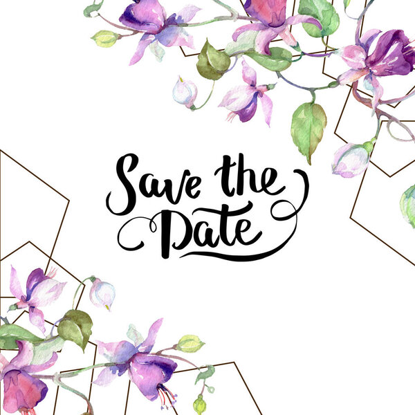 Фиолетовый букет фуксии. Цветочный ботанический цветок. Набор акварельных фонов. Граничный орнамент
.