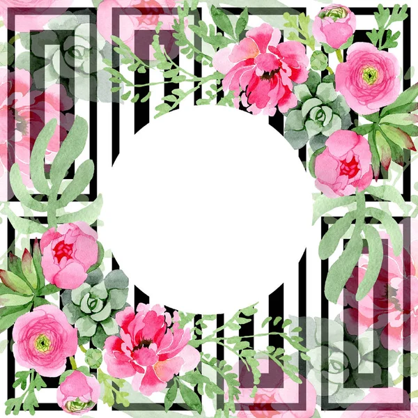 Flores botânicas florais de ranúnculo rosa. Conjunto de ilustração de fundo aquarela. Quadro borda ornamento quadrado . — Fotografia de Stock