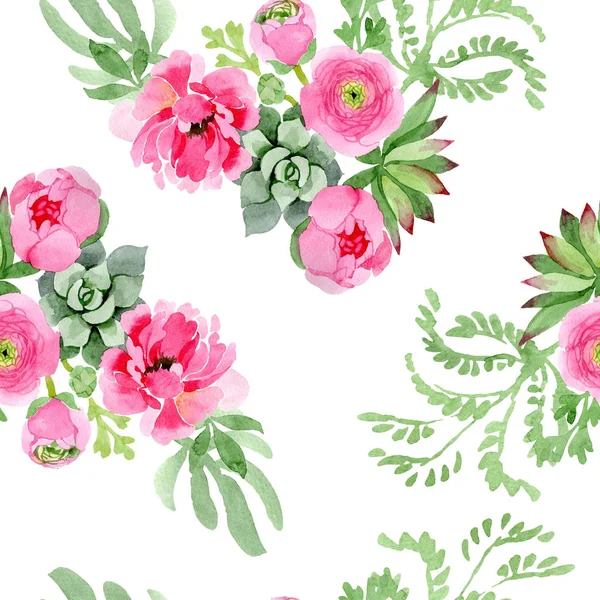Pink ranunculus floral botanical flowers. Watercolor background illustration set. Seamless background pattern. — Stock Photo, Image