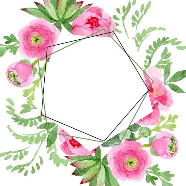 Rosa ranuncolo fiori botanici floreali. Acquerello sfondo illustrazione set. Quadrato ornamento bordo cornice . — Foto Stock