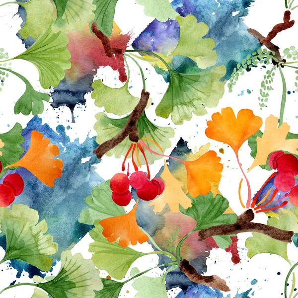 Ginkgo biloba yeşil ve sarı bırakır. Suluboya arka plan illüstrasyon küme. Sorunsuz arka plan deseni.