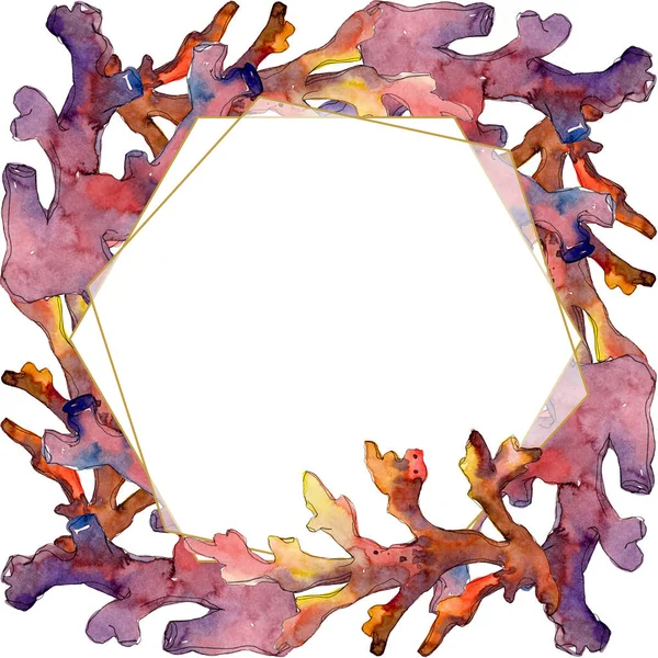 Κόκκινο και κίτρινο υδρόβια φύση κοραλλιογενή ύφαλο. Ακουαρέλα φόντο εικόνα σύνολο. Πλαίσιο συνόρων στολίδι τετράγωνο. — Φωτογραφία Αρχείου