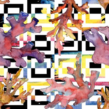 Kırmızı ve sarı su sualtı doğa mercan kayalığı. Suluboya resim kümesi. Sorunsuz arka plan deseni.