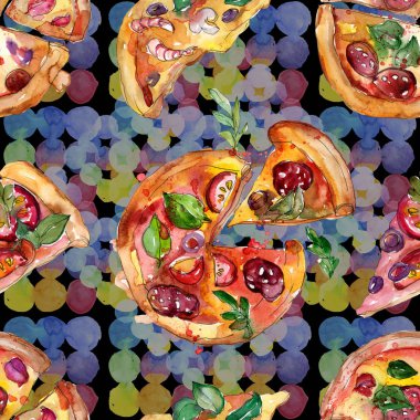 Fast food itallian pizza izole bir suluboya tarzında ayarlayın. Suluboya sorunsuz arka plan deseni.