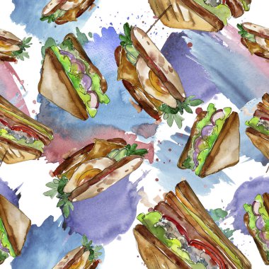 Bir suluboya tarzında sandviç. Suluboya lokanta illüstrasyon öğesi. Sorunsuz arka plan deseni.