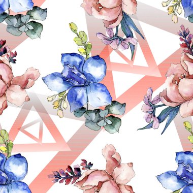 Şakayık buketleri botanik çiçek. Suluboya arka plan illüstrasyon küme. Sorunsuz arka plan deseni.