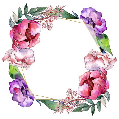 Şakayık buketleri botanik çiçek. Suluboya arka plan illüstrasyon küme. Çerçeve kenarlığı kristal süsleme Meydanı.