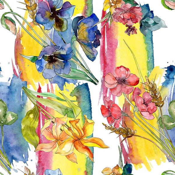Μόδα πολυτελές εκτυπώσεις με βοτανικό λουλούδια αγριολούλουδα. Σετ ακουαρέλας εικονογράφηση. Απρόσκοπτη υπόβαθρο μοτίβο. — Φωτογραφία Αρχείου