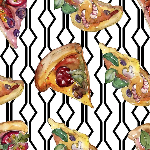 Pizza italiana de comida rápida en un conjunto aislado estilo acuarela. Patrón de fondo sin costuras de acuarela . —  Fotos de Stock