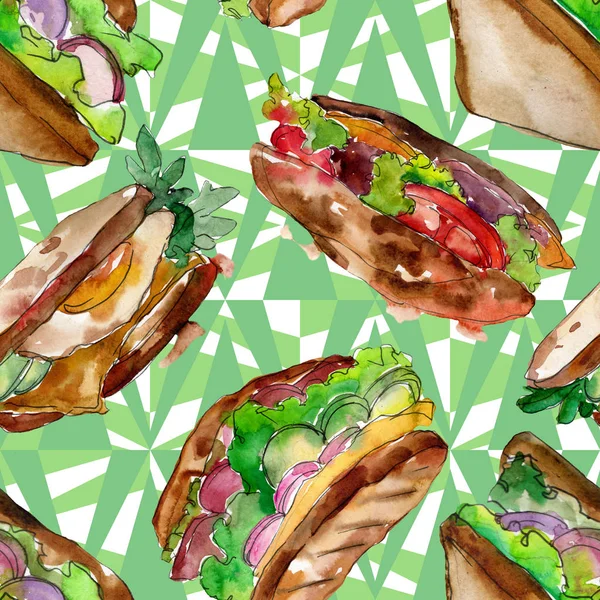 Sandwich en un estilo acuarela. Acuarela elemento ilustrativo de comida rápida. Patrón de fondo sin costuras . —  Fotos de Stock